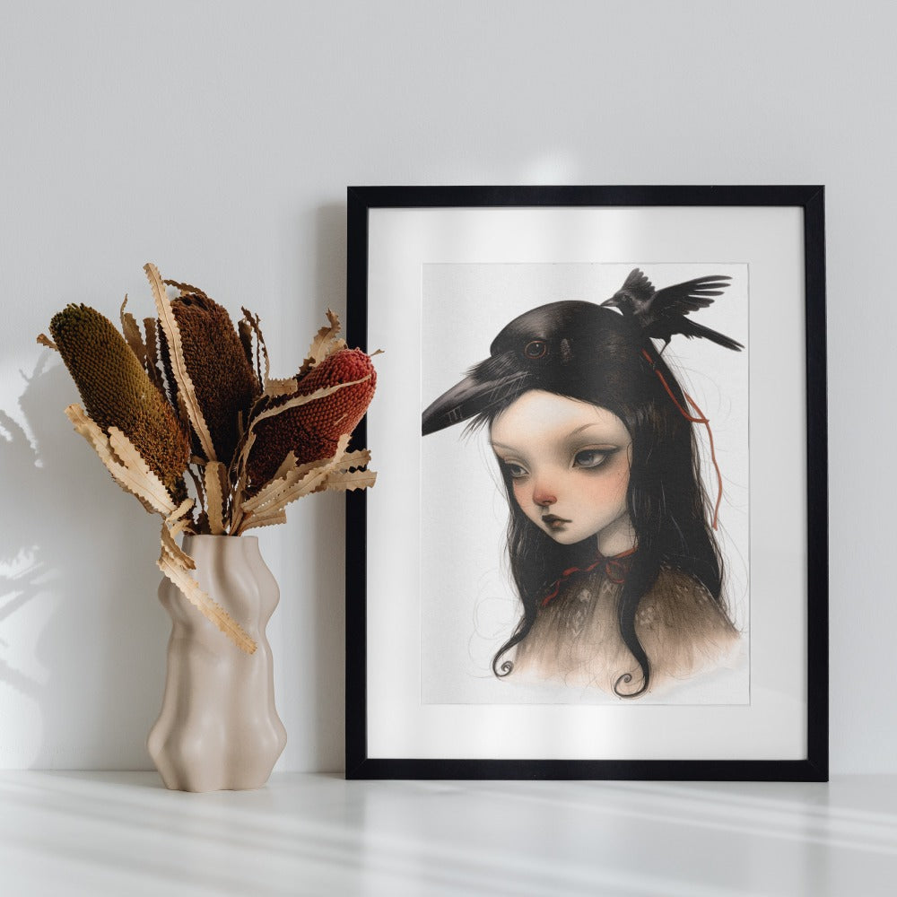 Dark Haired Girl with Crow Art Print in Black Frame