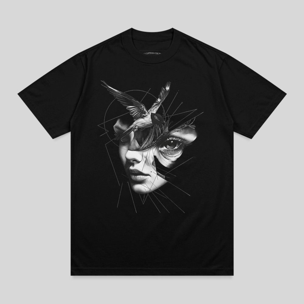 Abstract Woman Face Bird Geometric Art Black T-Shirt product type