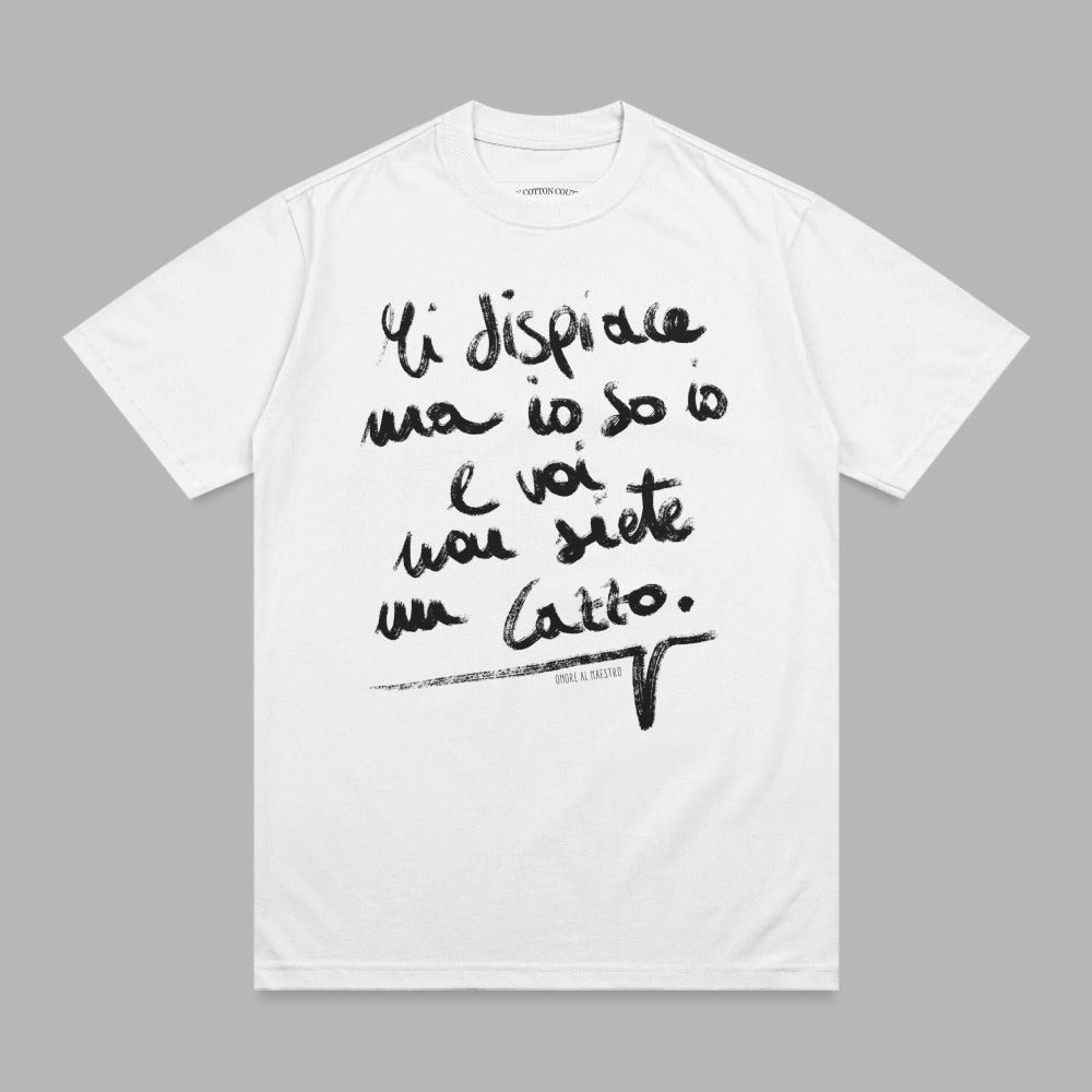 White t-shirt with black handwritten Italian text and "COTTON COU" logo.