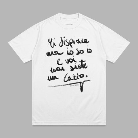 White t-shirt with black handwritten Italian text and "COTTON COU" logo.