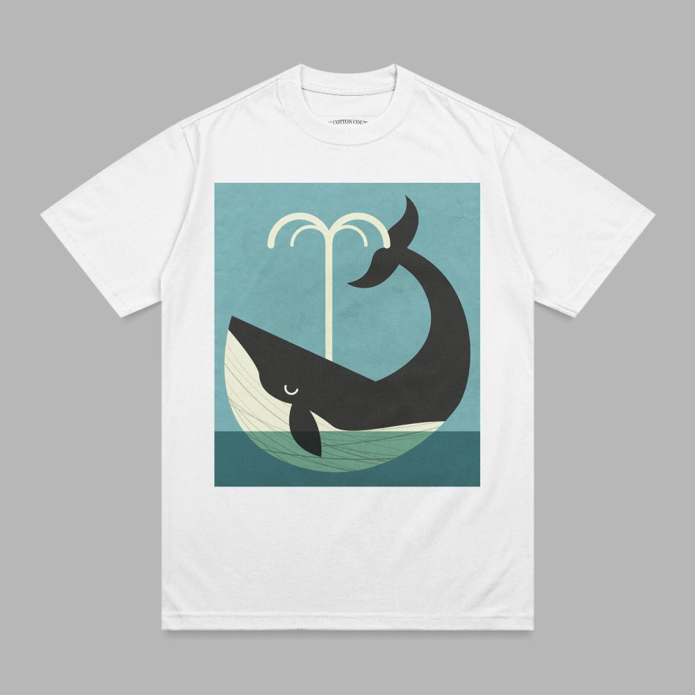 White t-shirt featuring a graphic of a stylized whale spouting water.