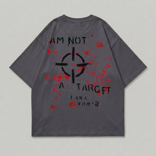 Dark grey t-shirt with red splatters and "I am not a target" text.