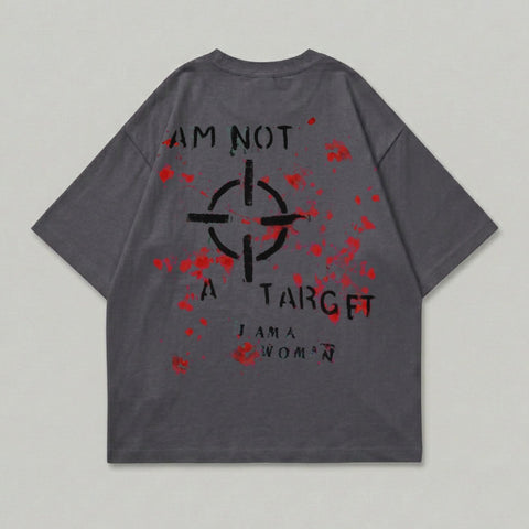 Dark grey t-shirt with red splatters and "I am not a target" text.
