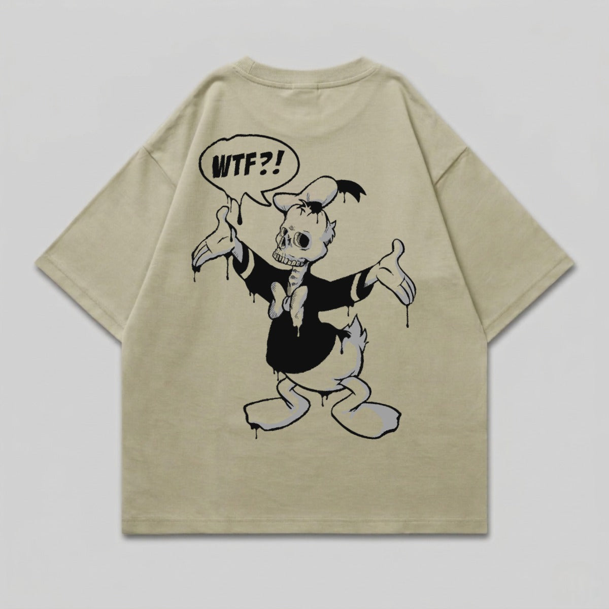T-shirt with a cartoon skeleton Donald Duck graphic and speech bubble.