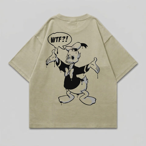 T-shirt with a cartoon skeleton Donald Duck graphic and speech bubble.