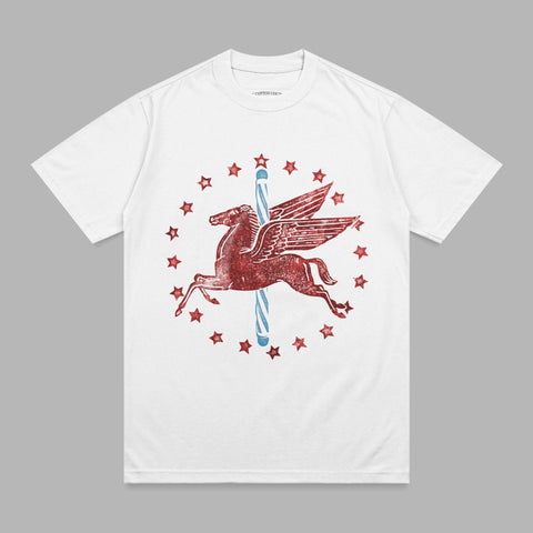 White t-shirt with a distressed red pegasus in a circle of blue stars.
