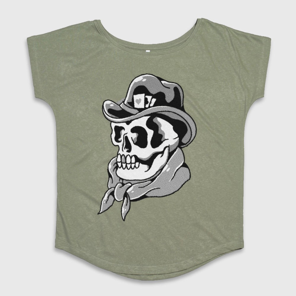 Skull Cowboy Graphic Design on Olive Green Shirt