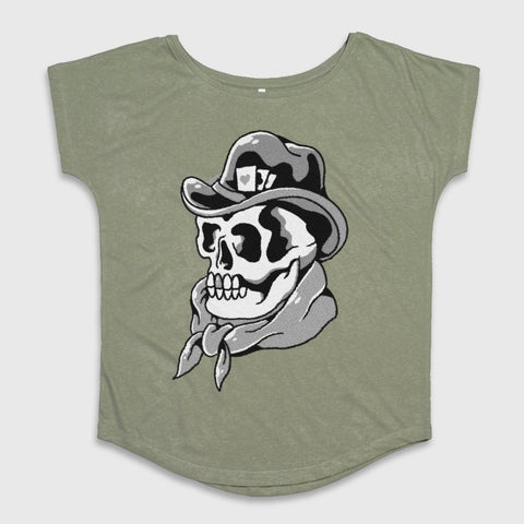 Skull Cowboy Graphic Design on Olive Green Shirt