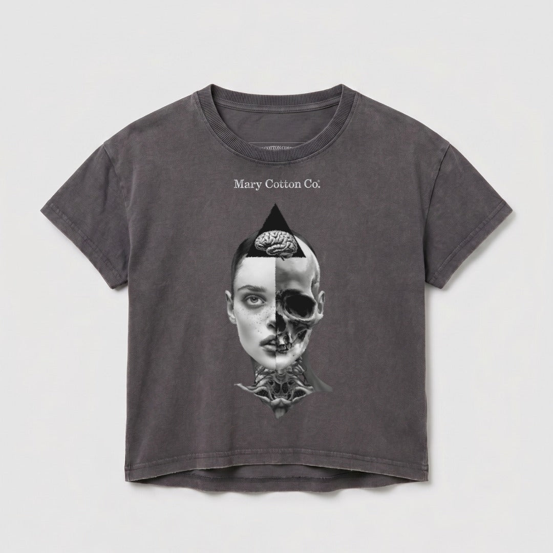 Dark gray t-shirt with split skull and woman's face graphic.