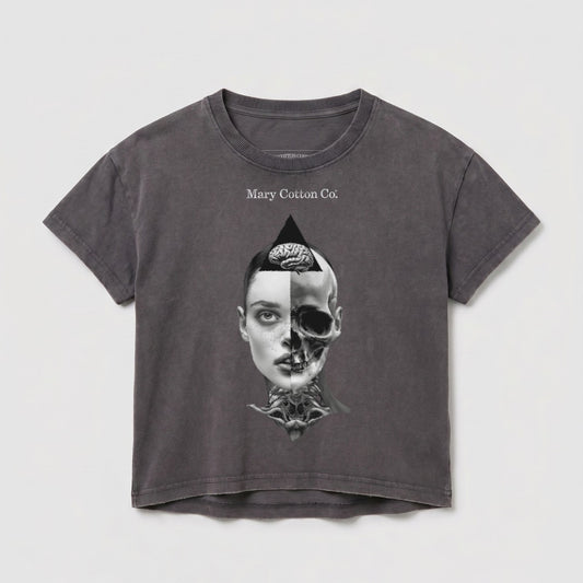 Dark gray t-shirt with split skull and woman's face graphic.
