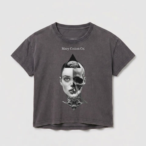 Dark gray t-shirt with split skull and woman's face graphic.