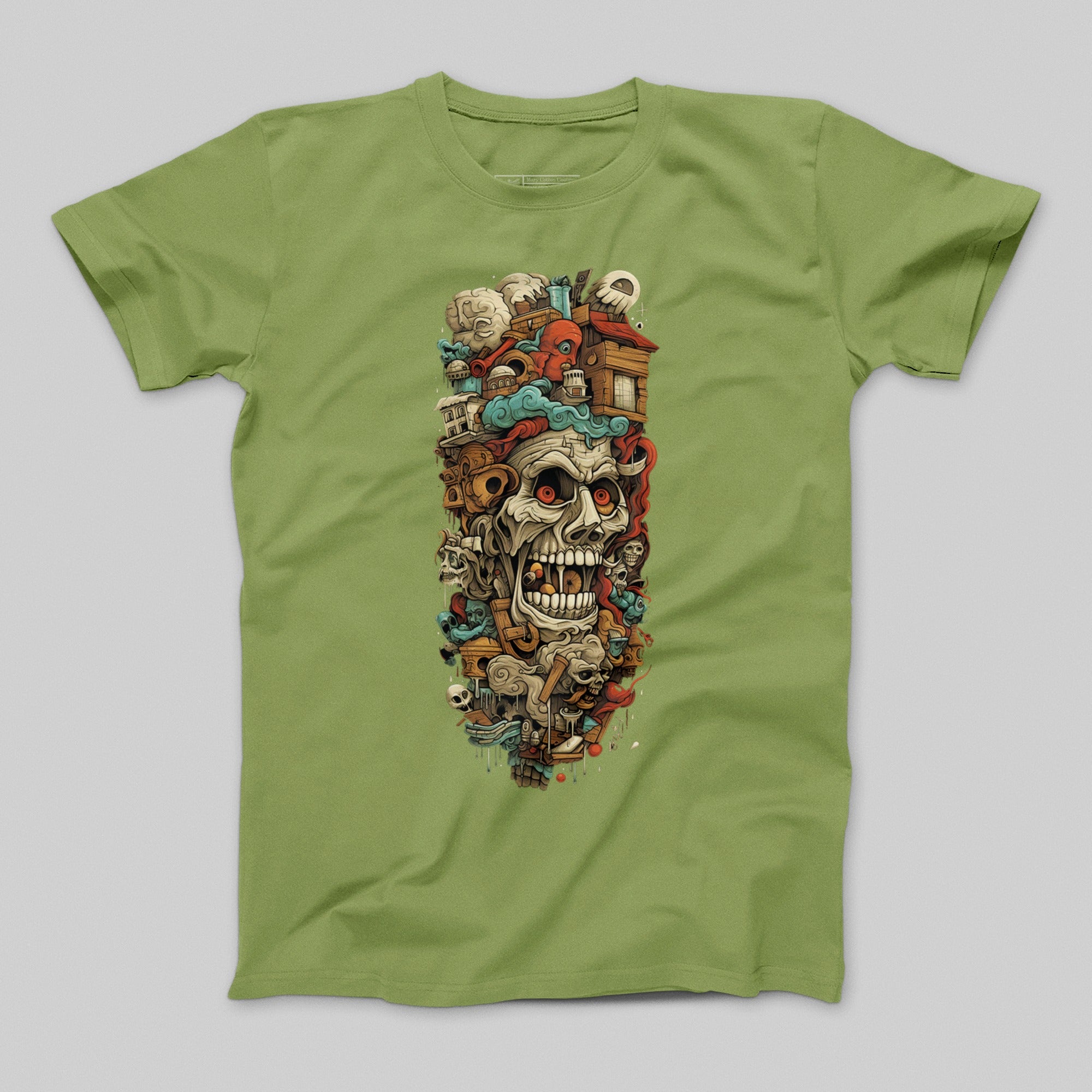 Colorful Skull and Village Design Graphic T-shirt