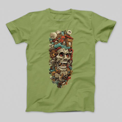 Colorful Skull and Village Design Graphic T-shirt