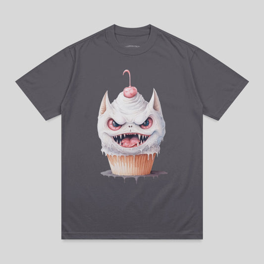 Illustration of a fanged cupcake monster with cherry on top, on a dark gray t-shirt.