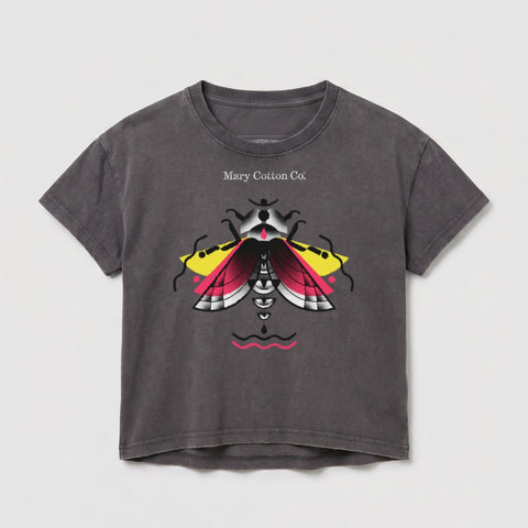 Dark grey t-shirt with a stylized moth graphic and "Mary Cotton Co." text.