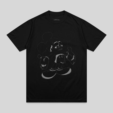 Black t-shirt with a distressed graphic of Mickey Mouse.