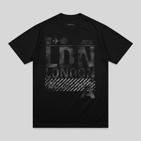 Black t-shirt with distressed "LDN LONDON" text in an airport departure style.