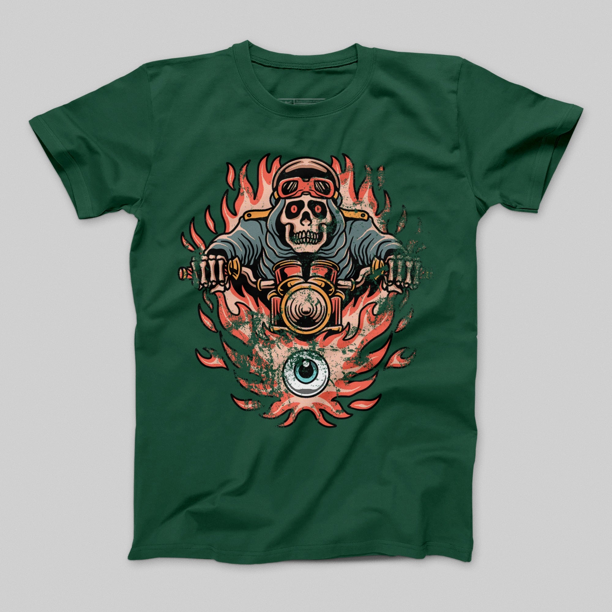 Skull Biker with Flaming Eye Dark Green T-shirt