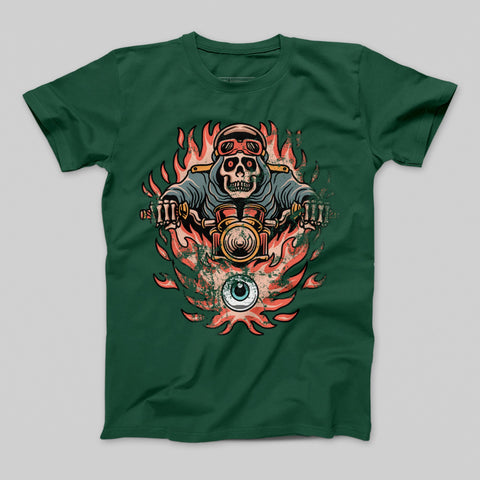 Skull Biker with Flaming Eye Dark Green T-shirt