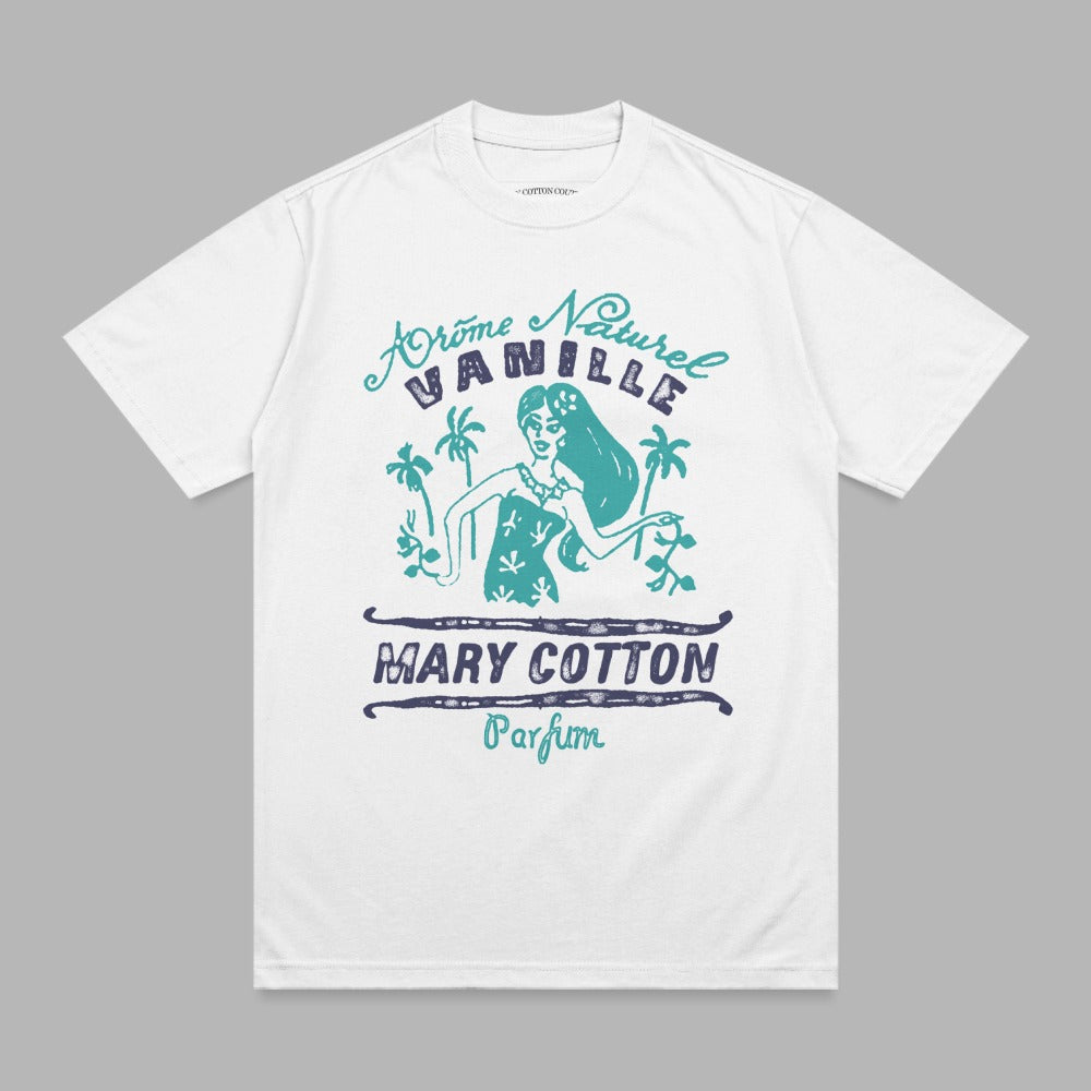 Mary Cotton Vanille t-shirt with woman and palm trees design.