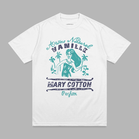 Mary Cotton Vanille t-shirt with woman and palm trees design.