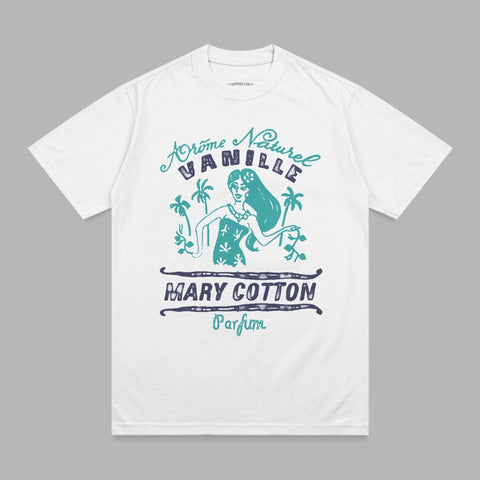 Mary Cotton Vanille t-shirt with woman and palm trees design.
