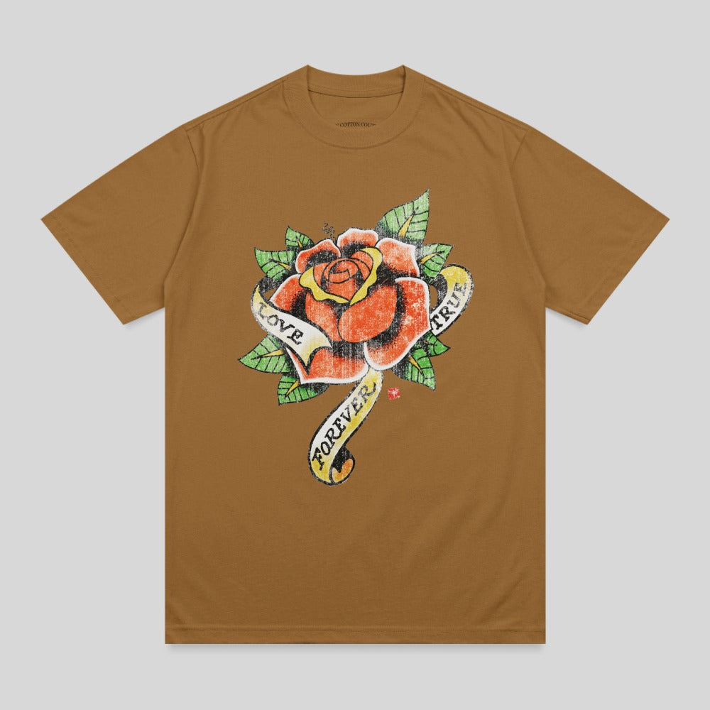 Brown t-shirt with a distressed rose and ribbon that reads "Love Forever True".