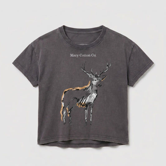 Dark grey t-shirt with a deer illustration and "Mary Cotton Co." text.