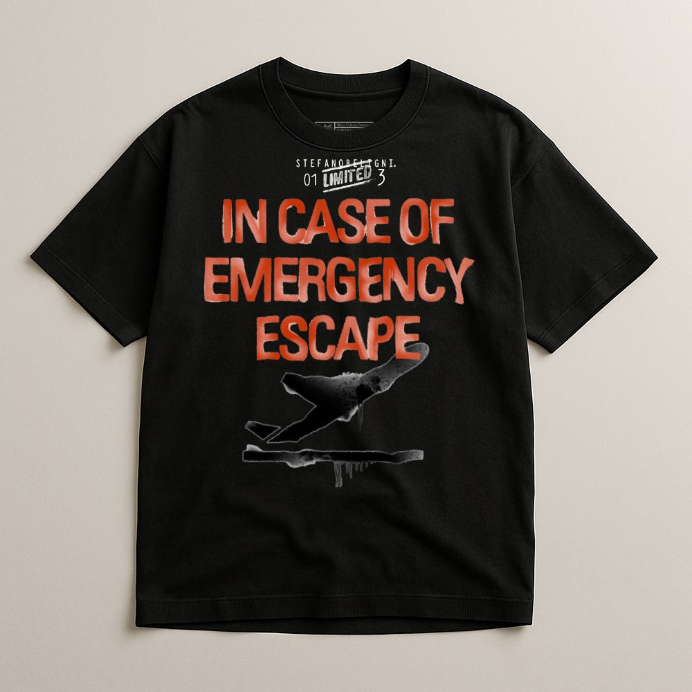 Black t-shirt with "IN CASE OF EMERGENCY ESCAPE" text and airplane graphic.