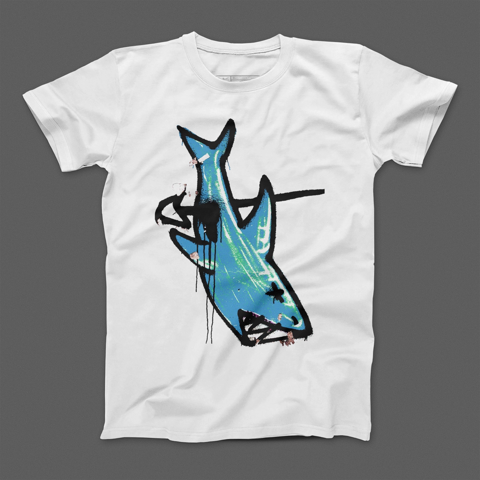 Blue Shark Graphic on White T-Shirt Casual Apparel