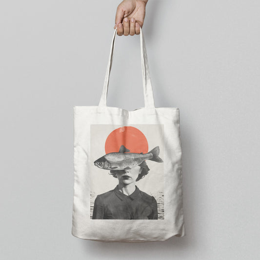 Artistic Orange Sun And Fish Tote Bag