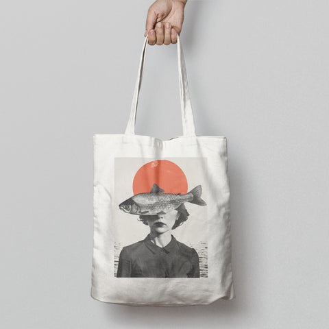 Artistic Orange Sun And Fish Tote Bag