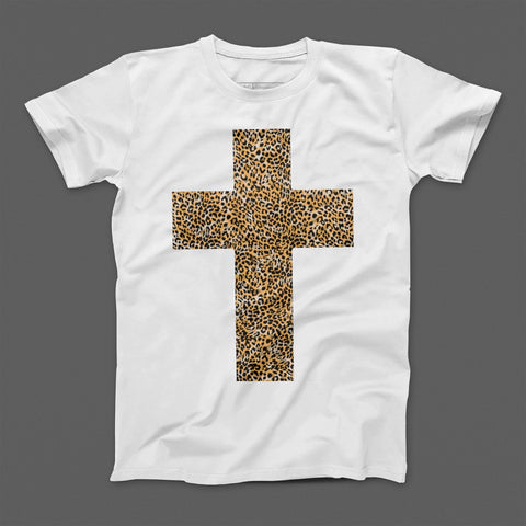 Leopard Print Cross Design on Classic White Shirt