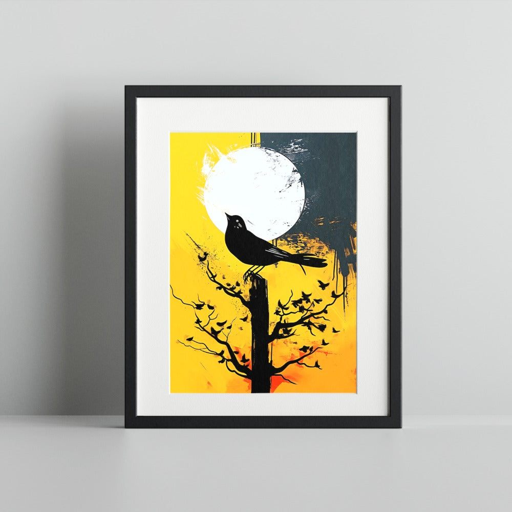 Black Bird on Tree with Bright Sunrise Framed Art