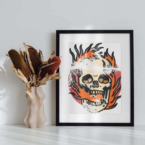 Fiery Skull Art Print with Vibrant Colors for Home Decor