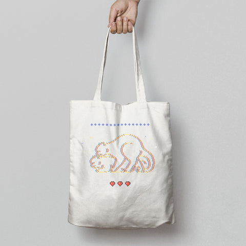 Cute Cat with Hearts and Blue Pattern Tote Bag