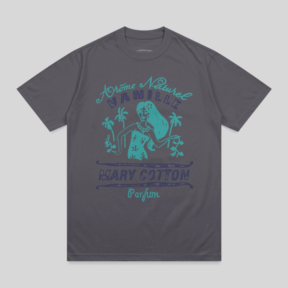 Dark grey t-shirt with "Arôme Naturel Vanille Mary Cotton Parfum" text and illustration.