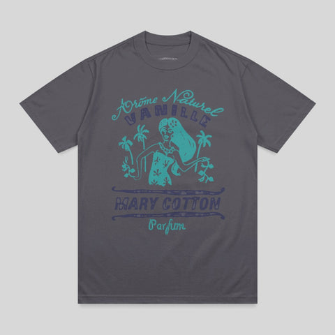 Dark grey t-shirt with "Arôme Naturel Vanille Mary Cotton Parfum" text and illustration.