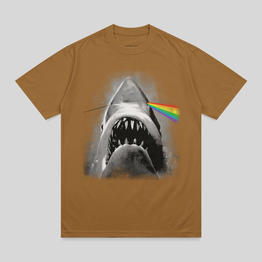 Brown t-shirt with shark and rainbow prism effect.