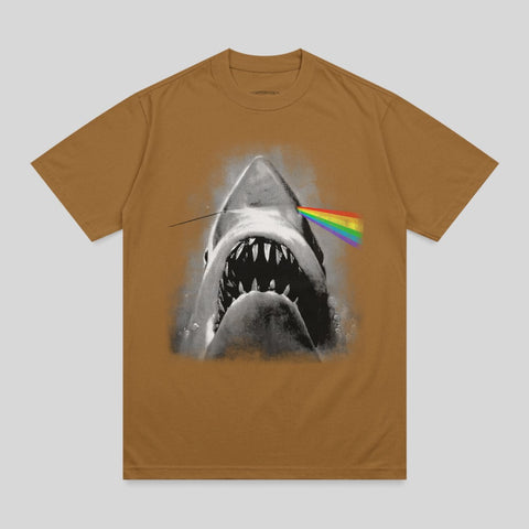 Brown t-shirt with shark and rainbow prism effect.