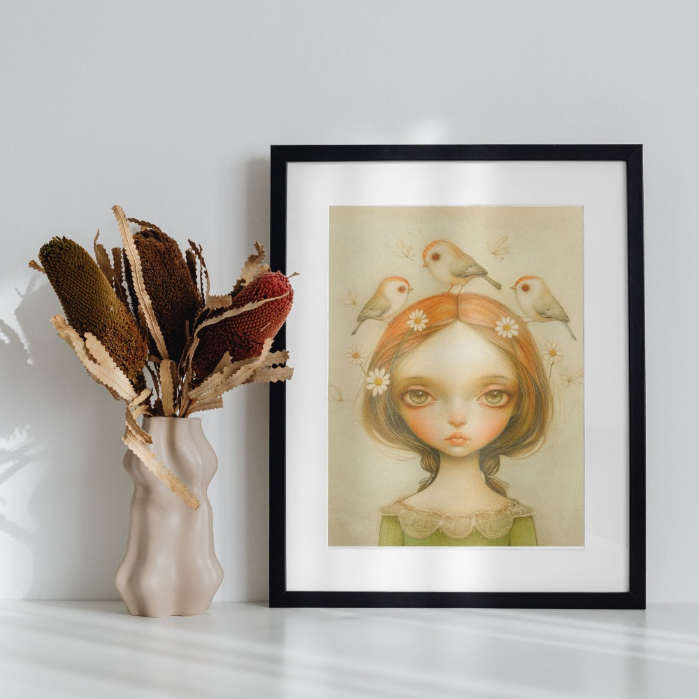 Girl with Birds and Flowers Artwork in Frame