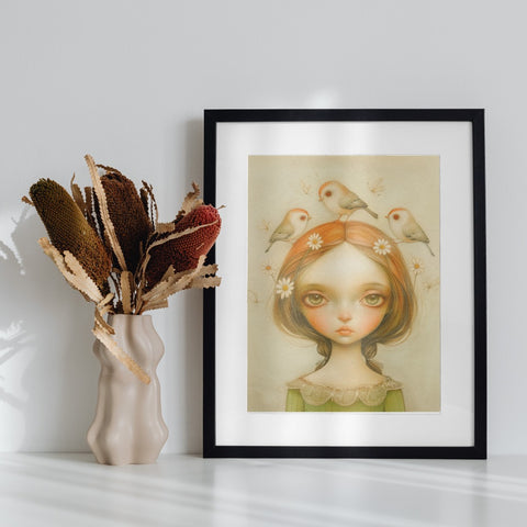 Girl with Birds and Flowers Artwork in Frame