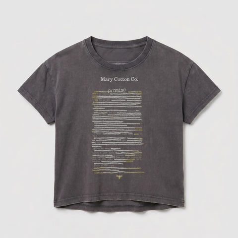 Dark grey t-shirt with "Mary Cotton Co." and a block of text and "promise" printed on it.
