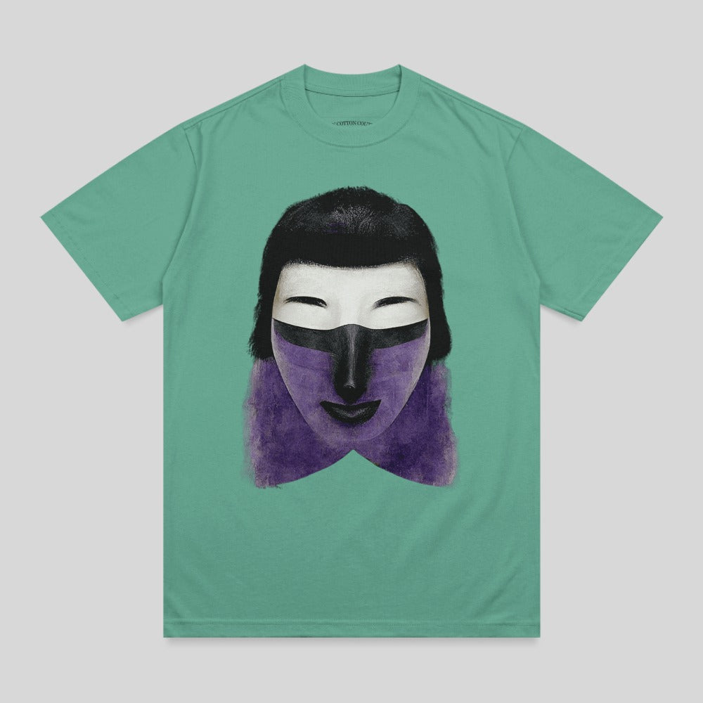 Green t-shirt with a stylized face design featuring purple lips and eye mask.