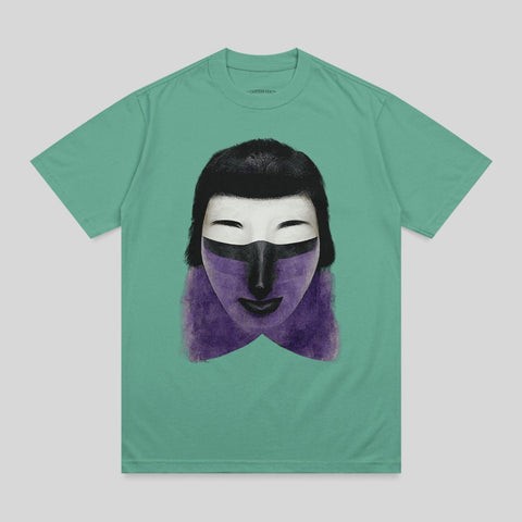 Green t-shirt with a stylized face design featuring purple lips and eye mask.