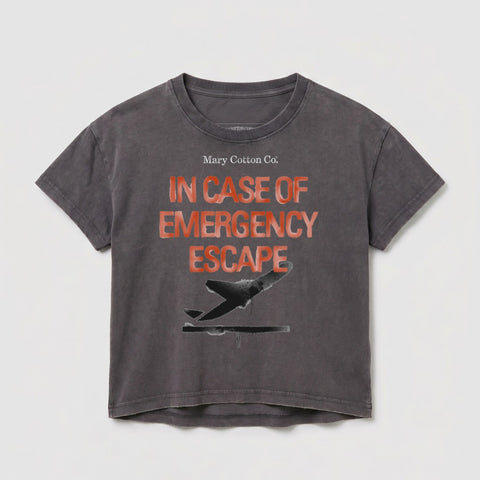 Grey t-shirt with "IN CASE OF EMERGENCY ESCAPE" and a silhouette of a plane.