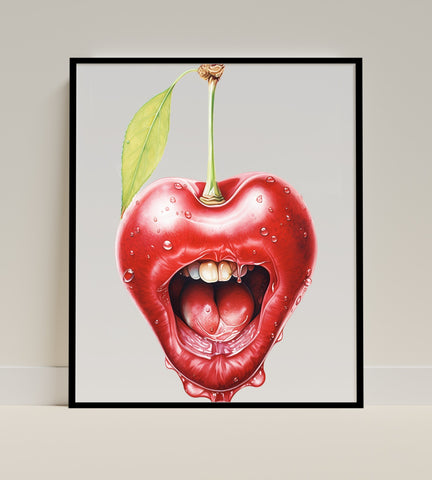 Unique Dripping Cherry Mouth Art Print Wall Decor
