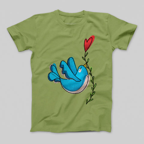 Blue Bird with Heart Design Green T-shirt