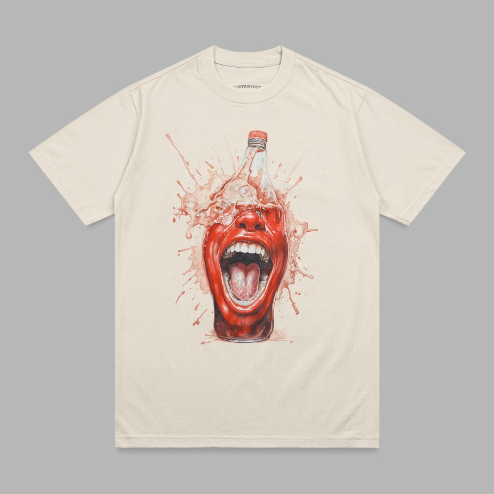 T-shirt with a screaming mouth and bottle of red liquid splashing out.