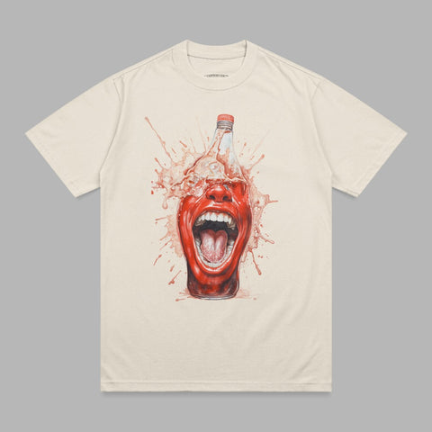 T-shirt with a screaming mouth and bottle of red liquid splashing out.